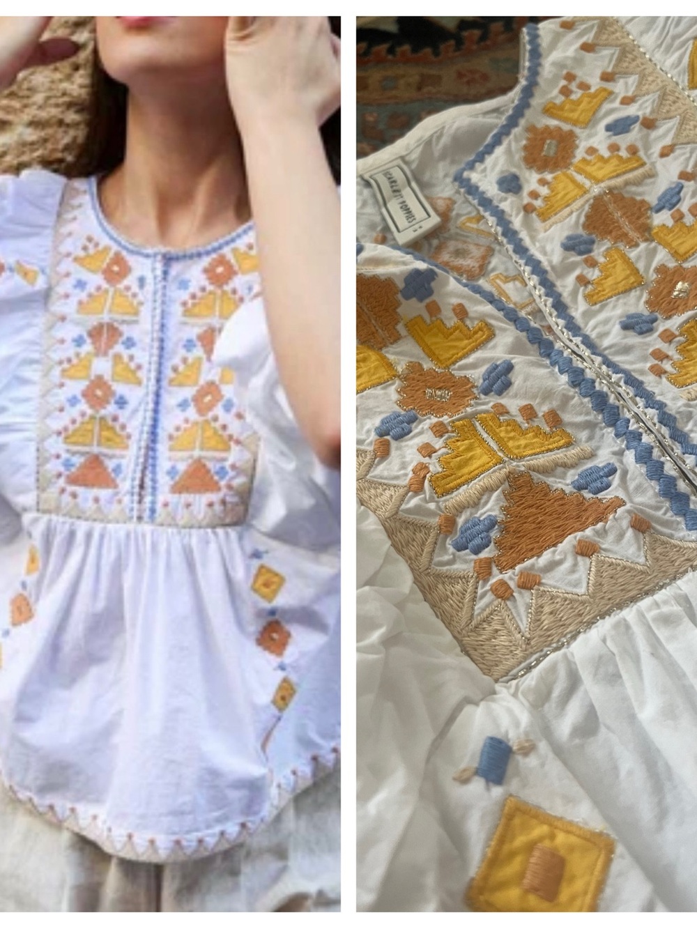 Scarlett Poppies white hand embroidered blouse puff sleeve v bodice oversize XS